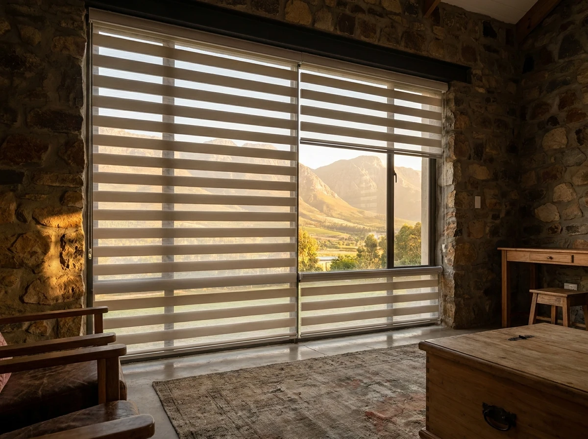 Day and night zebra blind with bands offset for privacy in a stone farmhouse living room in the Jonkershoek valley, kloof mountain view beyond