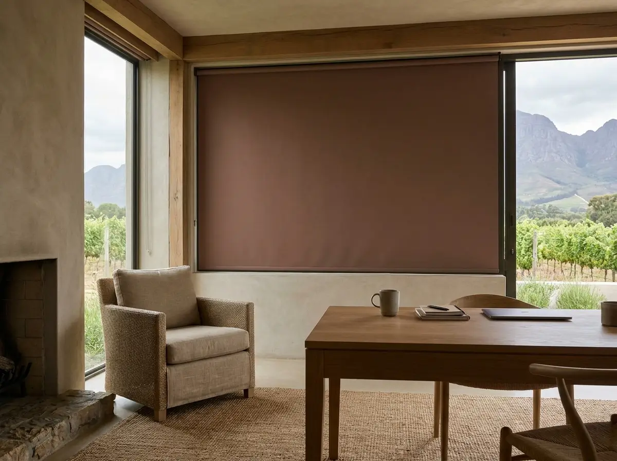 Winelands home study near Jonkershoek with a smooth clay-brown roller blind fully lowered over a large window, vineyard and mountain view visible at the edges, wooden desk in foreground