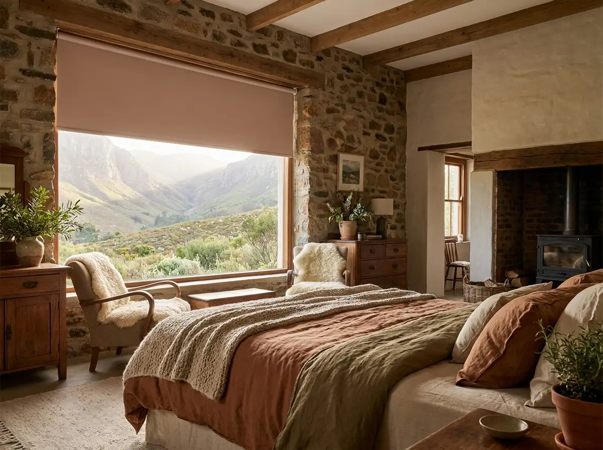 Stone farmhouse bedroom near Jonkershoek with a flat dusty-pink roller blind partially raised over a window looking onto a mountain kloof, linen bedding and fireplace in the room