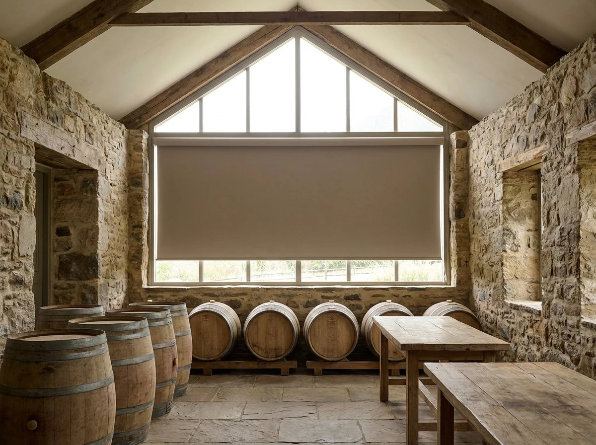 Tensioned skylight blind fitted flush to a raked gable window in a converted barn-style wine-tasting room near the Jonkershoek valley, wine barrels below
